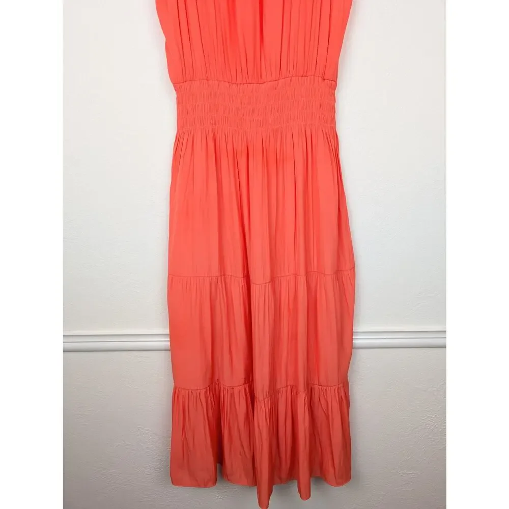 Ramy Brook Edenn Midi Dress Tiered Smocked Boho Keyhole Coral Pink Orange Size S